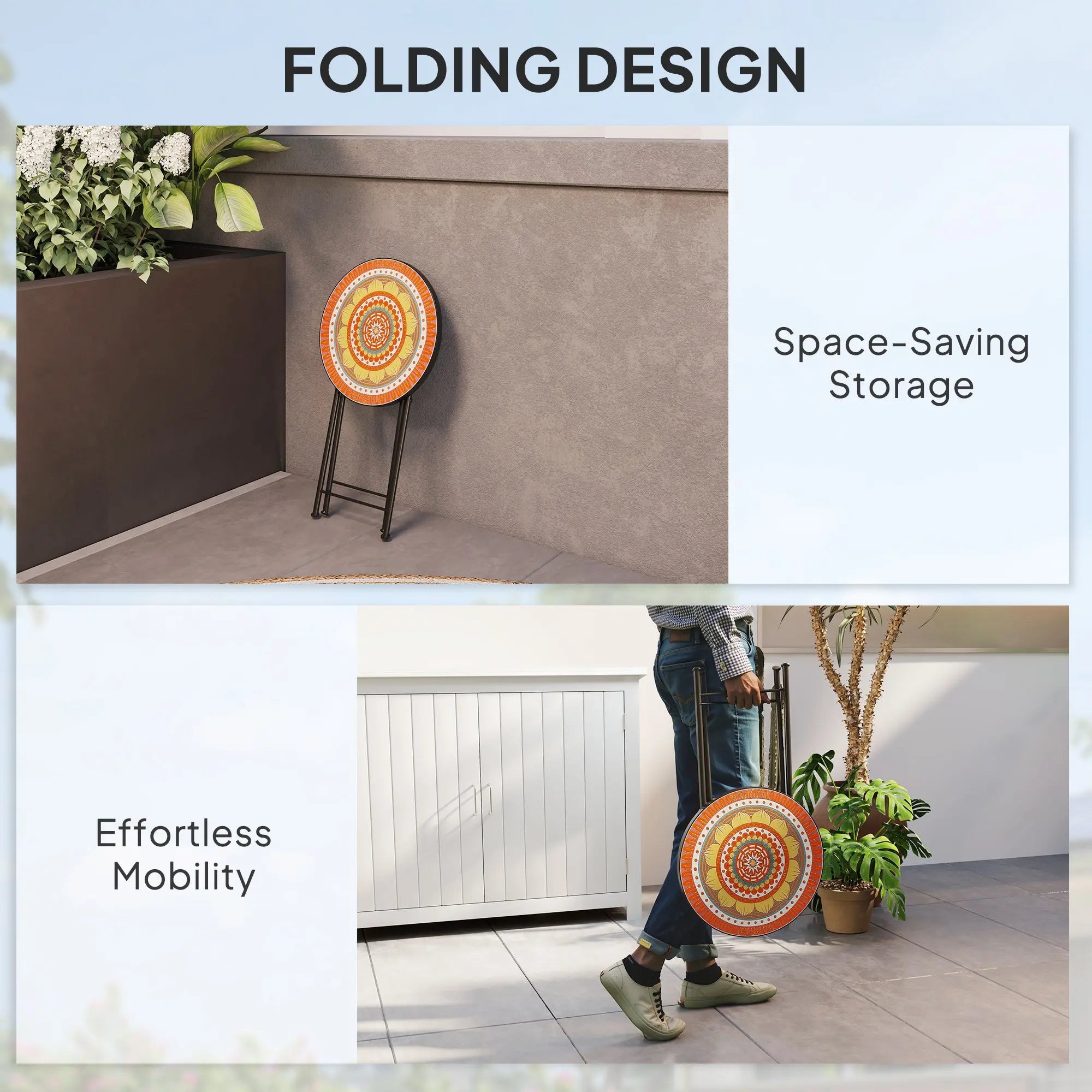 Outsunny Mosaic Outdoor Garden Table, 35.5cm Round Folding Coffee Table with Metal Frame for Balcony Terrace, Orange 