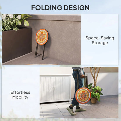 Outsunny Mosaic Outdoor Garden Table, 35.5cm Round Folding Coffee Table with Metal Frame for Balcony Terrace, Orange 