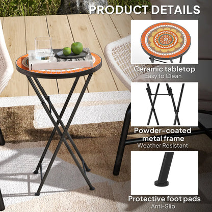 Outsunny Mosaic Outdoor Garden Table, 35.5cm Round Folding Coffee Table with Metal Frame for Balcony Terrace, Orange 