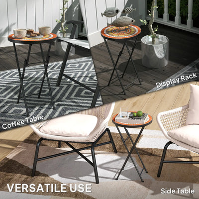 Outsunny Mosaic Outdoor Garden Table, 35.5cm Round Folding Coffee Table with Metal Frame for Balcony Terrace, Orange 
