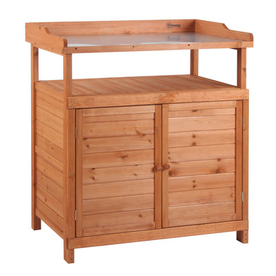 Outsunny Multi-function Potting Bench Table w/ Storage Cabinet and Galvanized Table Top, Wooden Planting Workstation, 98cm x 47cm x 105cm 