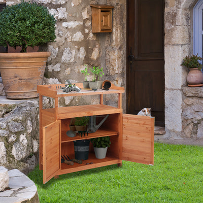 Outsunny Multi-function Potting Bench Table w/ Storage Cabinet and Galvanized Table Top, Wooden Planting Workstation, 98cm x 47cm x 105cm 