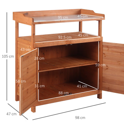 Outsunny Multi-function Potting Bench Table w/ Storage Cabinet and Galvanized Table Top, Wooden Planting Workstation, 98cm x 47cm x 105cm 