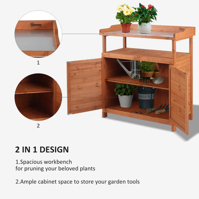 Outsunny Multi-function Potting Bench Table w/ Storage Cabinet and Galvanized Table Top, Wooden Planting Workstation, 98cm x 47cm x 105cm 