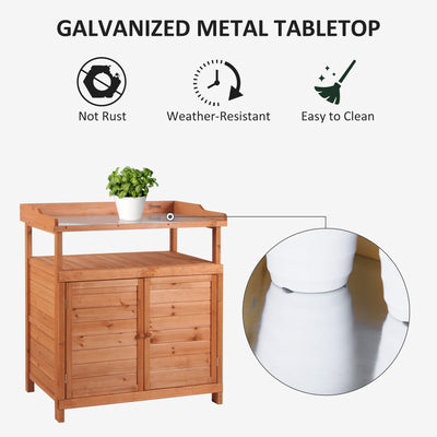 Outsunny Multi-function Potting Bench Table w/ Storage Cabinet and Galvanized Table Top, Wooden Planting Workstation, 98cm x 47cm x 105cm 