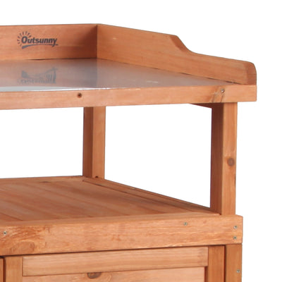 Outsunny Multi-function Potting Bench Table w/ Storage Cabinet and Galvanized Table Top, Wooden Planting Workstation, 98cm x 47cm x 105cm 