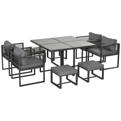 Outsunny Nine-Piece Aluminium Garden Set, with Glass-Top Table - Grey 