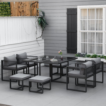 Outsunny Nine-Piece Aluminium Garden Set, with Glass-Top Table - Grey 
