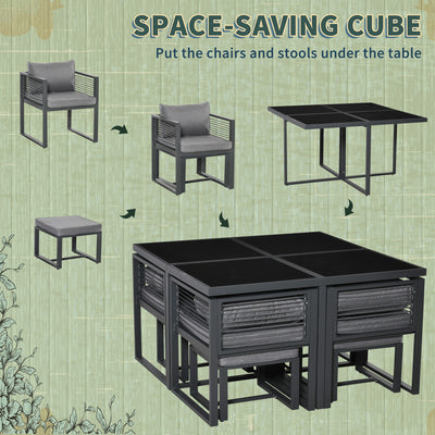 Outsunny Nine-Piece Aluminium Garden Set, with Glass-Top Table - Grey 