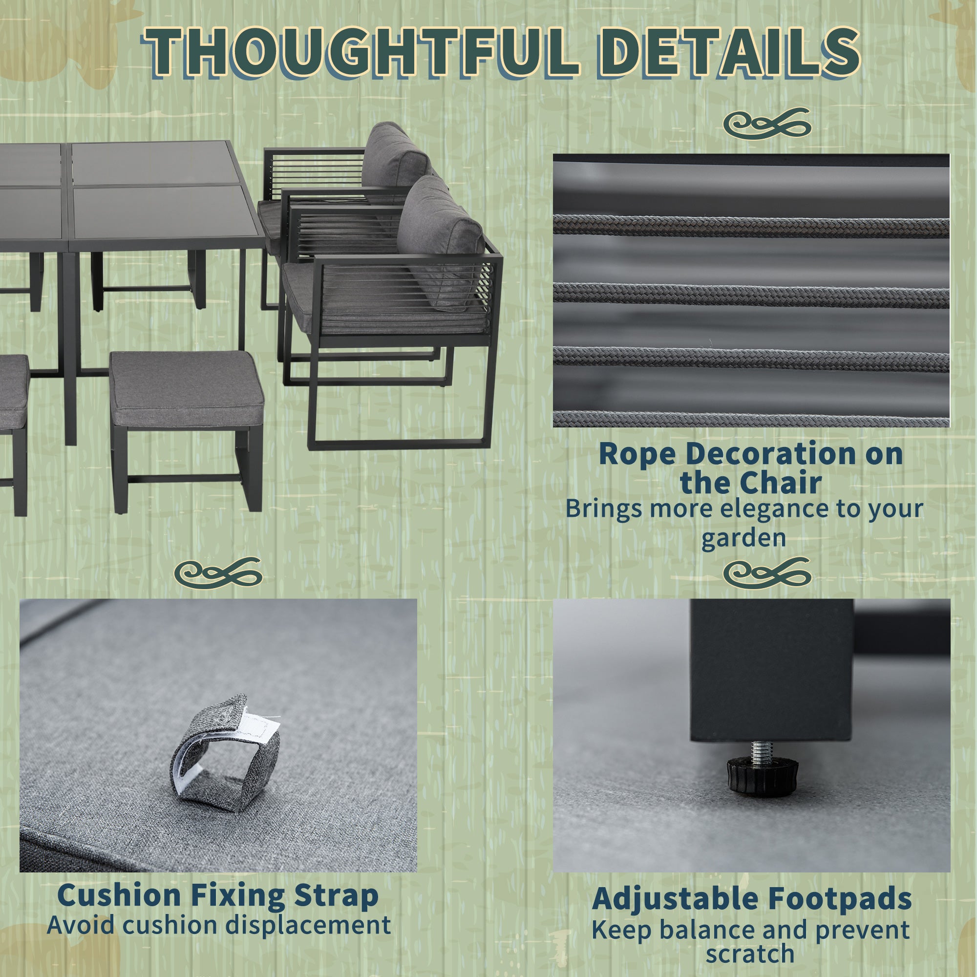 Outsunny Nine-Piece Aluminium Garden Set, with Glass-Top Table - Grey 