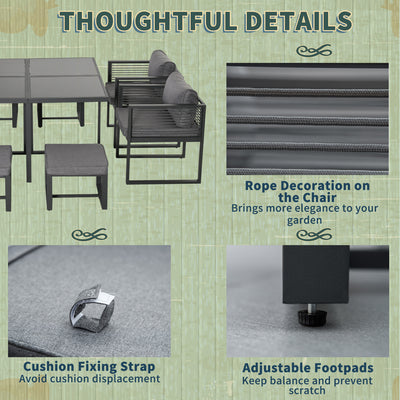 Outsunny Nine-Piece Aluminium Garden Set, with Glass-Top Table - Grey 