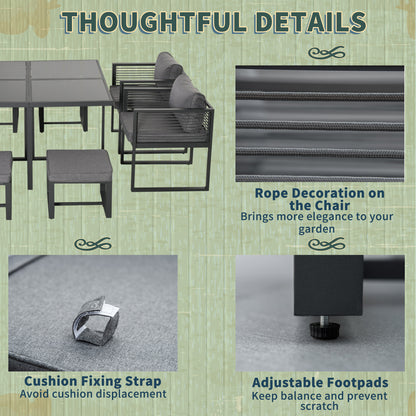 Outsunny Nine-Piece Aluminium Garden Set, with Glass-Top Table - Grey 