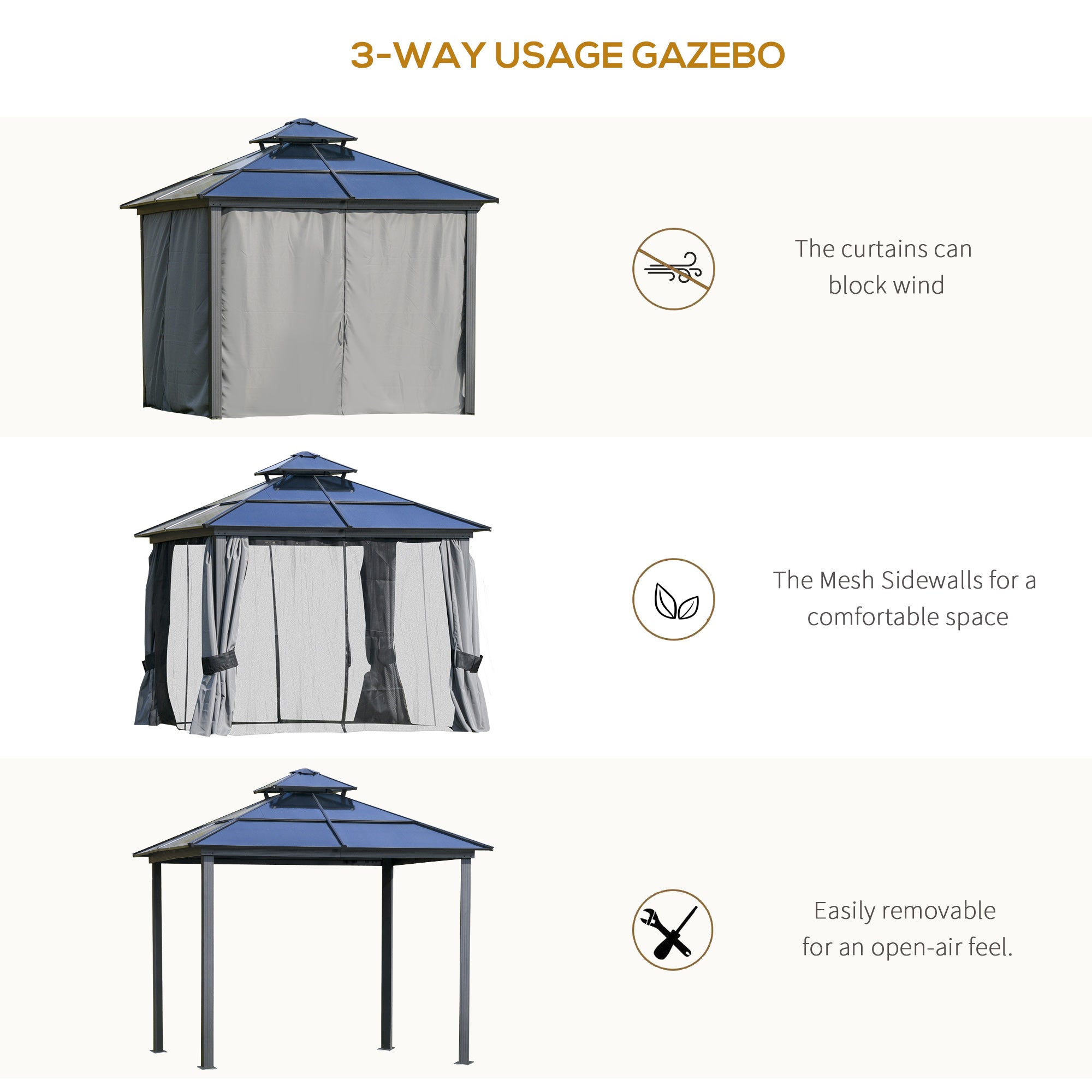Outsunny Outdoor 3 x 3(m) Gazebo Cabana w/ Steel Frame & Net Sidewalls for Privacy 