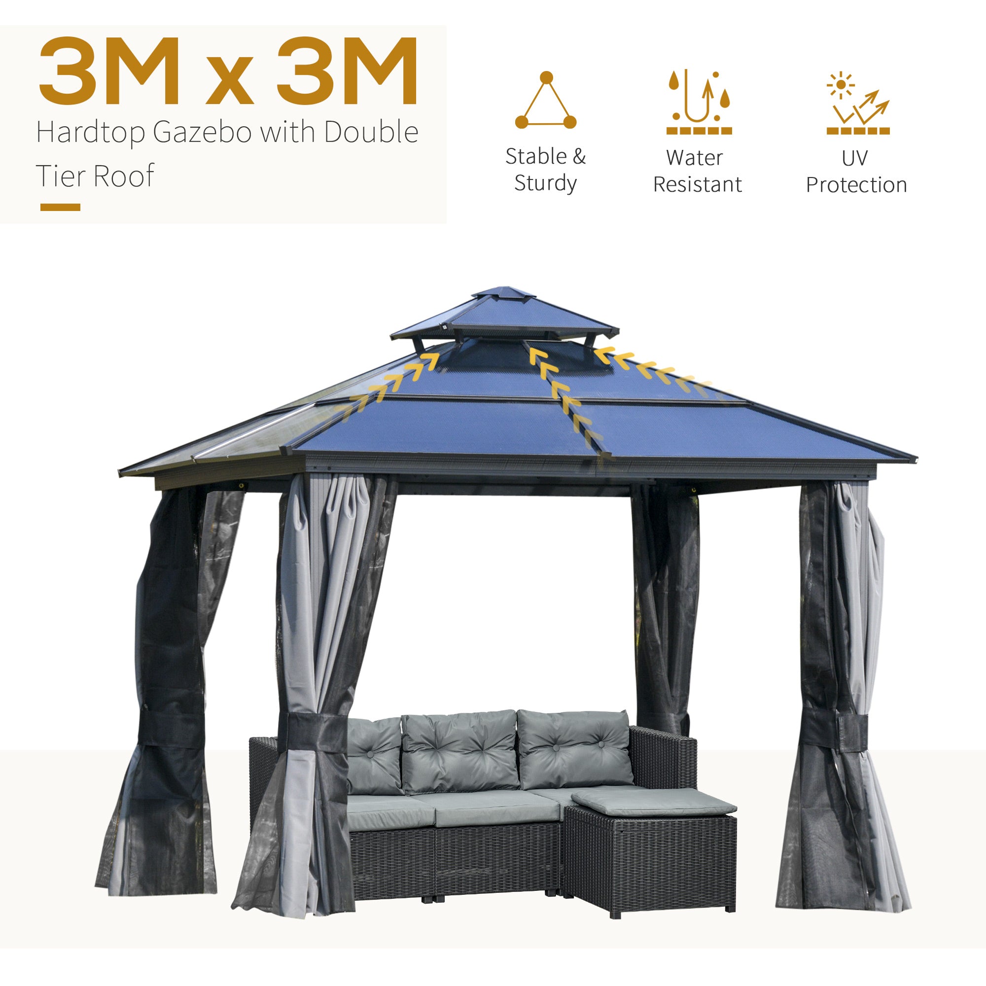 Outsunny Outdoor 3 x 3(m) Gazebo Cabana w/ Steel Frame & Net Sidewalls for Privacy 
