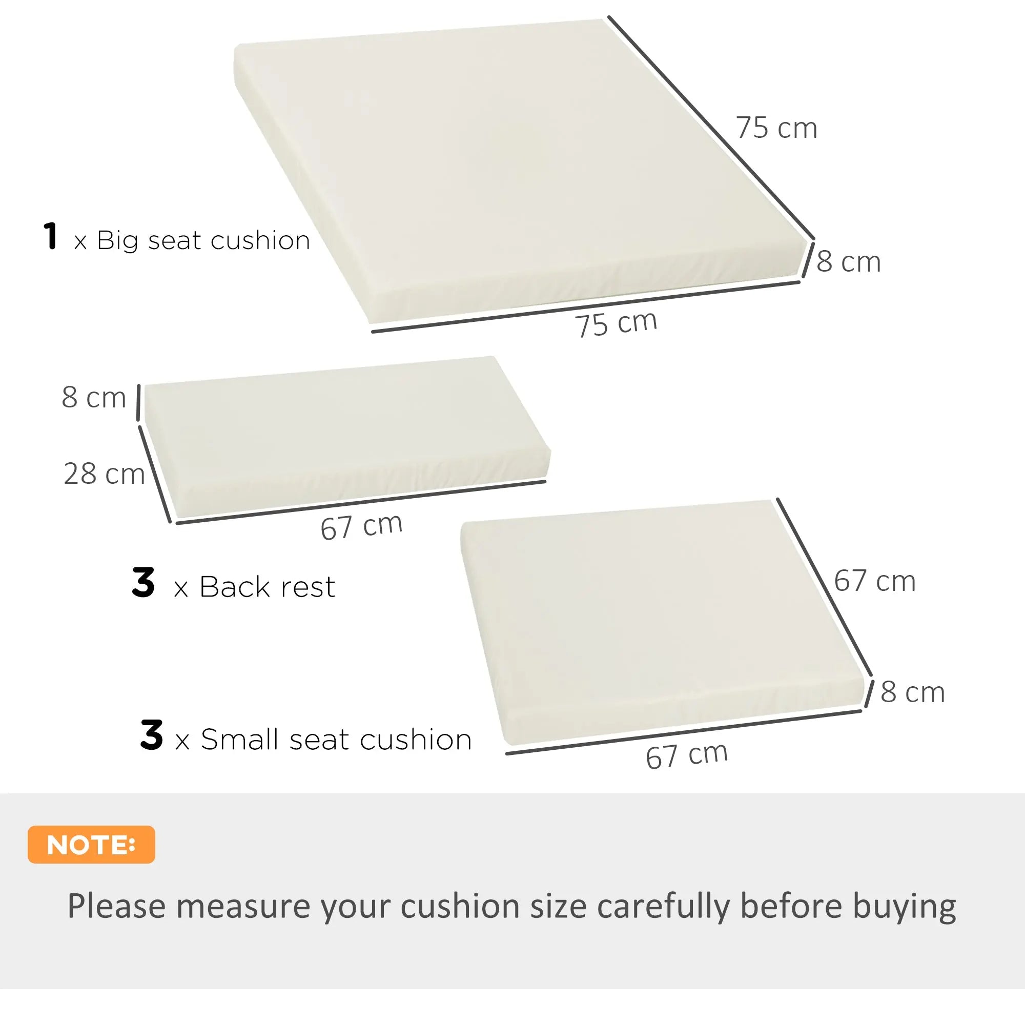 Outsunny Outdoor Cushion Pad Set for Rattan Furniture, 7 Piece Garden Furniture Cushions, Patio Conversation Set Cushions, Lightweight and Durable, Cream 