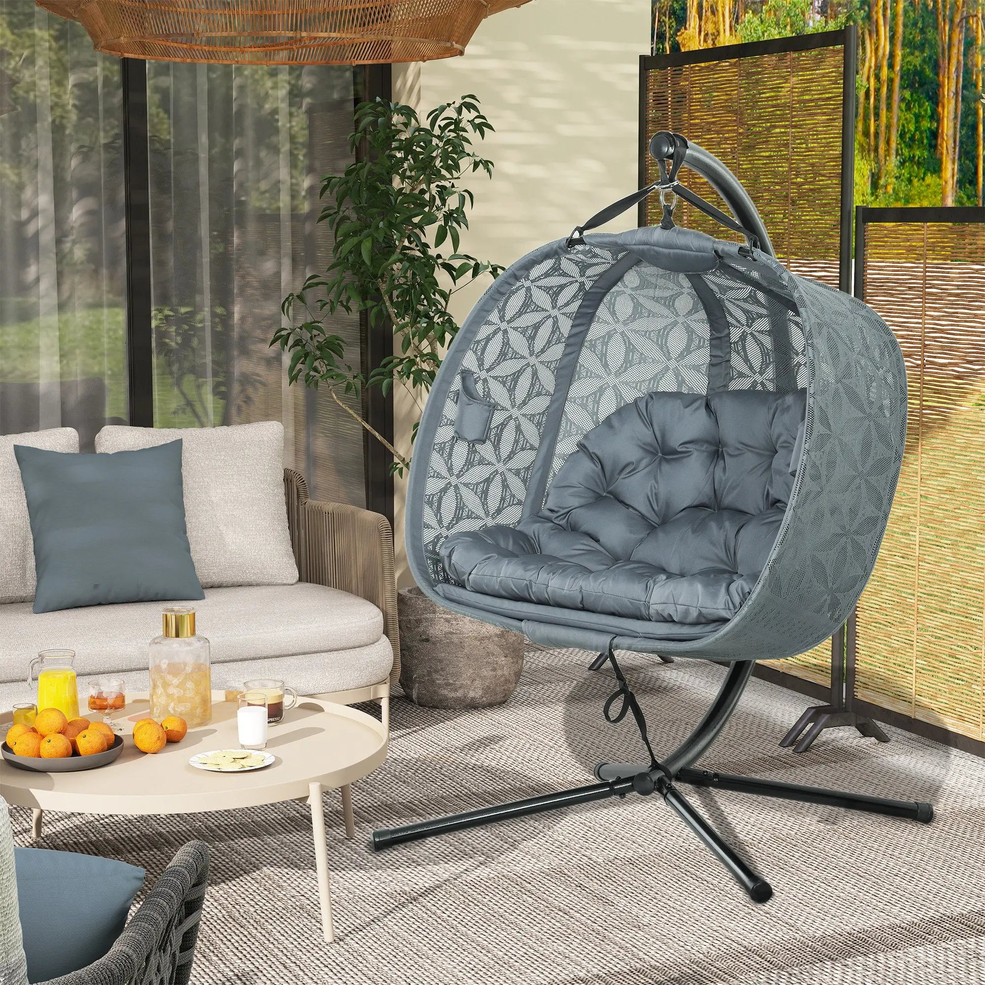 Outsunny Outdoor Double Hanging Chair with Cushion and Cup Holders, Charcoal Grey 