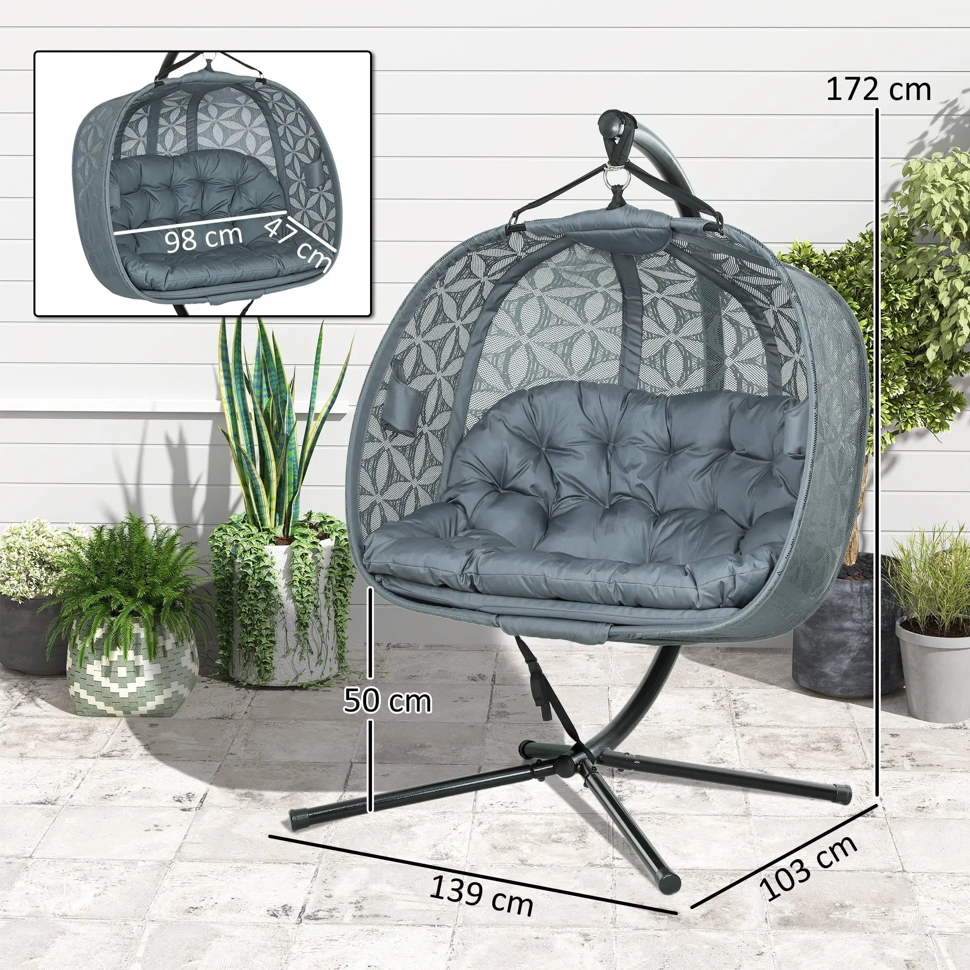 Outsunny Outdoor Double Hanging Chair with Cushion and Cup Holders, Charcoal Grey 