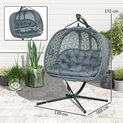 Outsunny Outdoor Double Hanging Chair with Cushion and Cup Holders, Charcoal Grey 