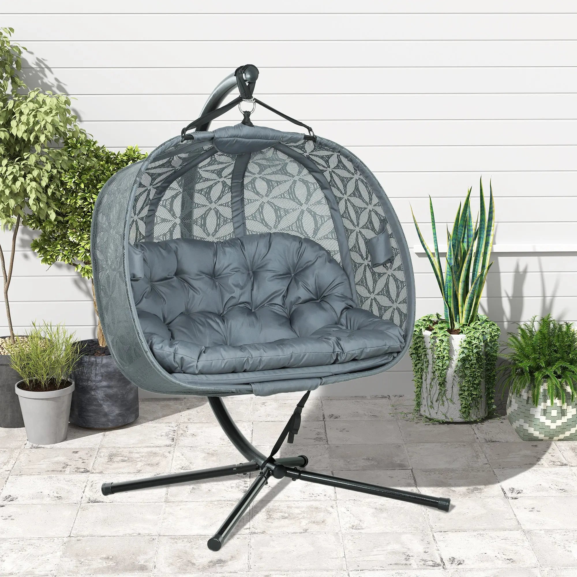 Outsunny Outdoor Double Hanging Chair with Cushion and Cup Holders, Charcoal Grey 