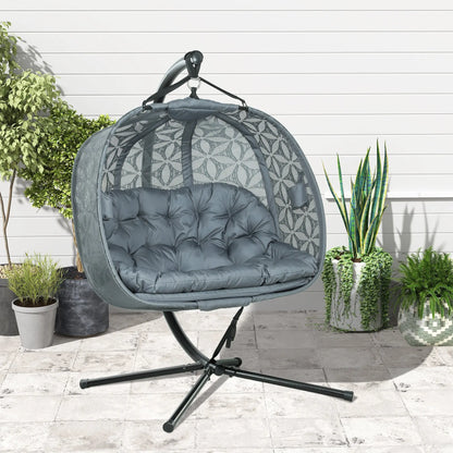 Outsunny Outdoor Double Hanging Chair with Cushion and Cup Holders, Charcoal Grey 