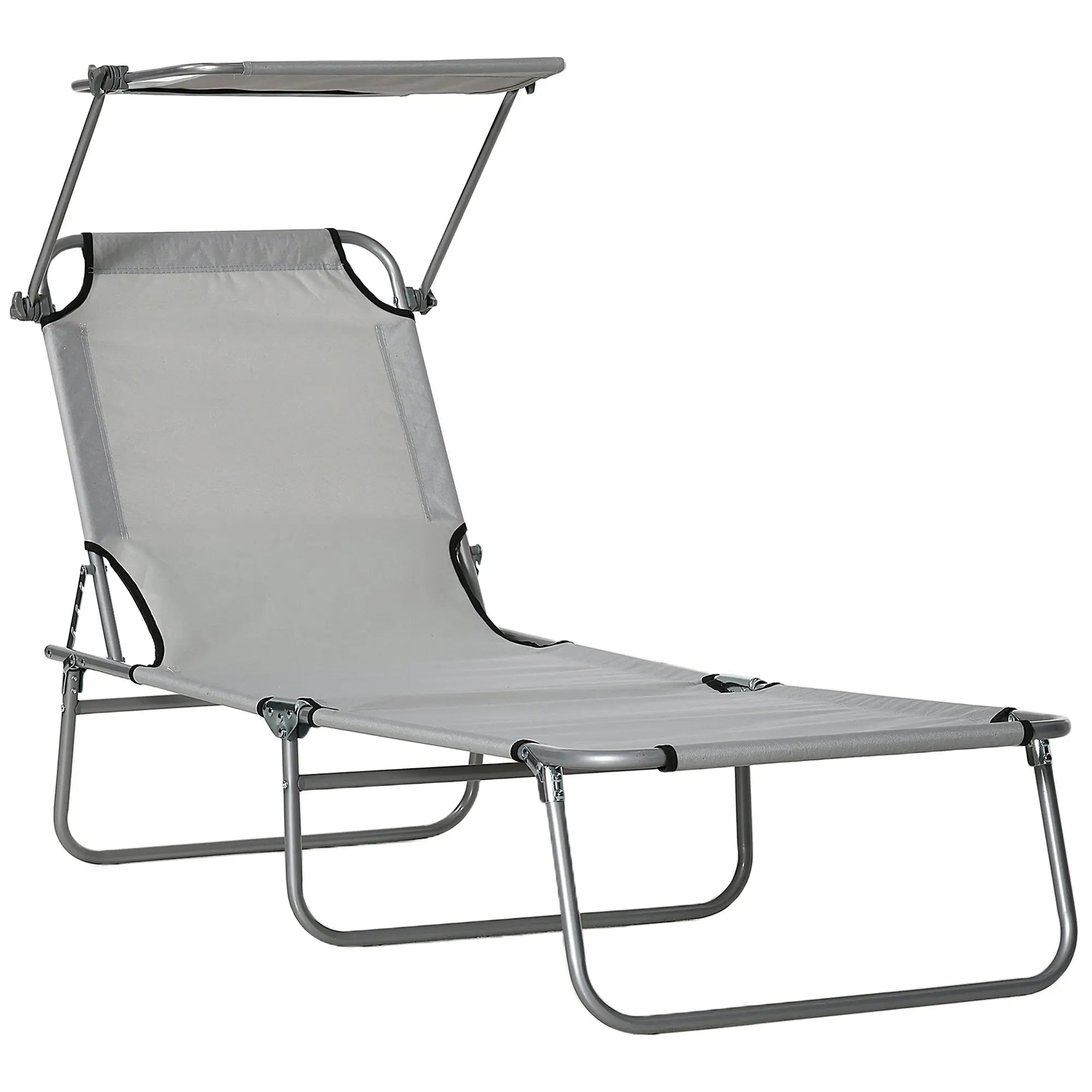 Outsunny Outdoor Foldable Sun Lounger, 4 Level Adjustable Backrest Reclining Sun Lounger Chair with Angle Adjust Sun Shade Awning for Beach, Garden, Patio, Light Grey 