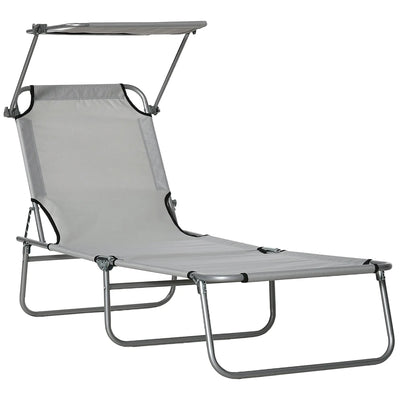 Outsunny Outdoor Foldable Sun Lounger, 4 Level Adjustable Backrest Reclining Sun Lounger Chair with Angle Adjust Sun Shade Awning for Beach, Garden, Patio, Light Grey 