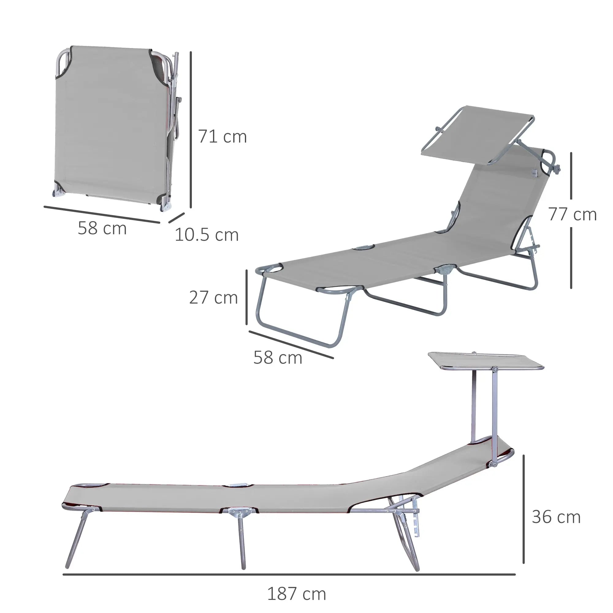 Outsunny Outdoor Foldable Sun Lounger, 4 Level Adjustable Backrest Reclining Sun Lounger Chair with Angle Adjust Sun Shade Awning for Beach, Garden, Patio, Light Grey 