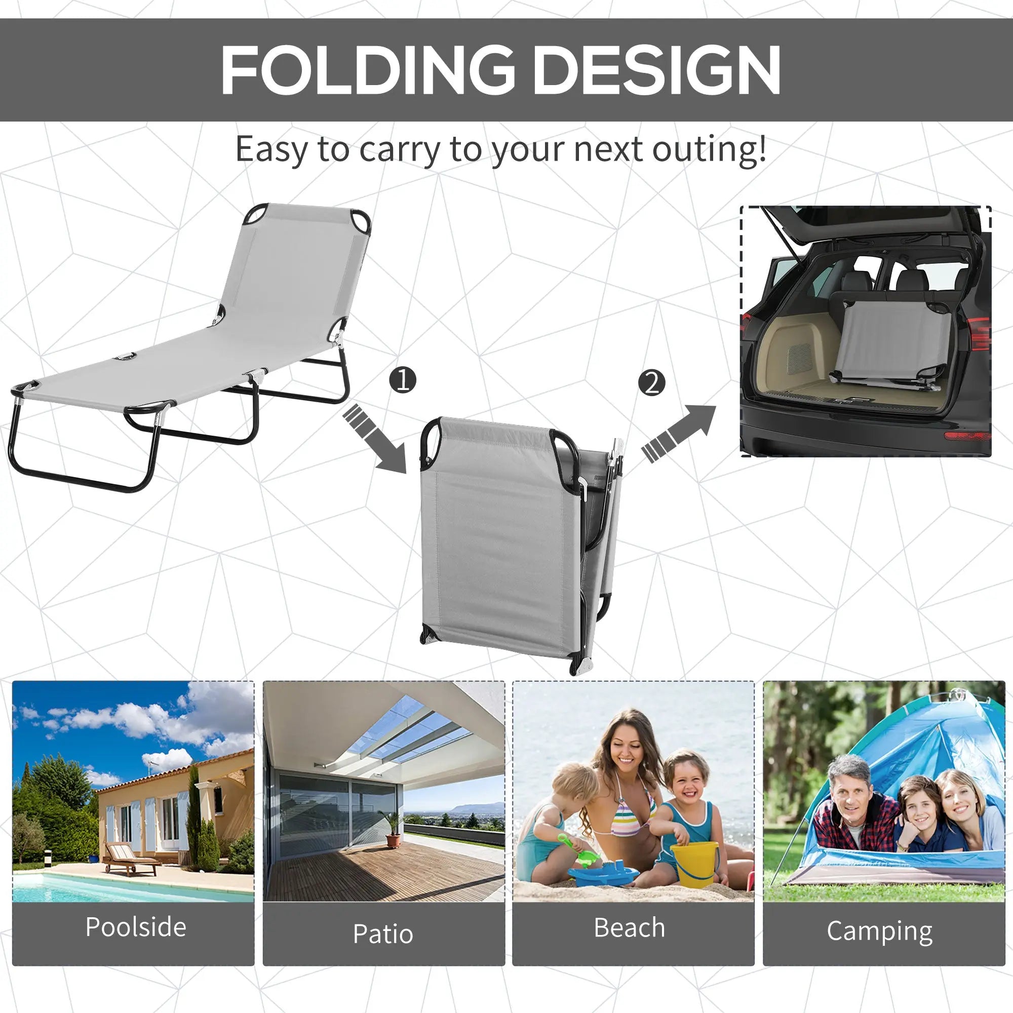 Outsunny Outdoor Foldable Sun Lounger, 4 Level Adjustable Backrest Reclining Sun Lounger Chair with Angle Adjust Sun Shade Awning for Beach, Garden, Patio, Light Grey 