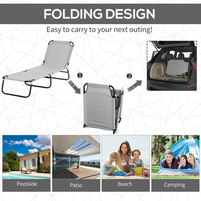 Outsunny Outdoor Foldable Sun Lounger, 4 Level Adjustable Backrest Reclining Sun Lounger Chair with Angle Adjust Sun Shade Awning for Beach, Garden, Patio, Light Grey 