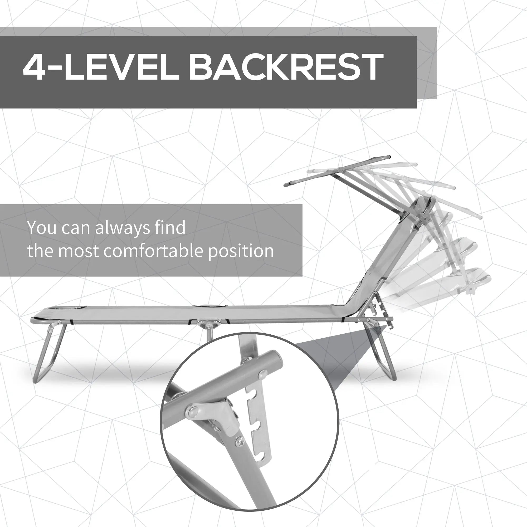 Outsunny Outdoor Foldable Sun Lounger, 4 Level Adjustable Backrest Reclining Sun Lounger Chair with Angle Adjust Sun Shade Awning for Beach, Garden, Patio, Light Grey 