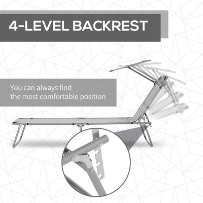 Outsunny Outdoor Foldable Sun Lounger, 4 Level Adjustable Backrest Reclining Sun Lounger Chair with Angle Adjust Sun Shade Awning for Beach, Garden, Patio, Light Grey 