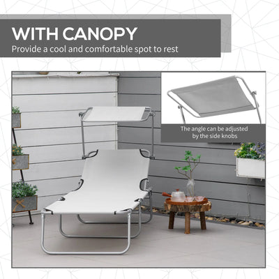 Outsunny Outdoor Foldable Sun Lounger, 4 Level Adjustable Backrest Reclining Sun Lounger Chair with Angle Adjust Sun Shade Awning for Beach, Garden, Patio, Light Grey 