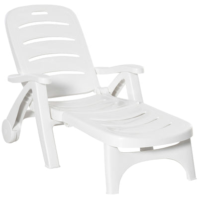 Outsunny Outdoor Folding Sun Lounger Recliner on Wheels w/ 5-Position Backrest, White 