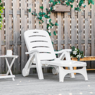 Outsunny Outdoor Folding Sun Lounger Recliner on Wheels w/ 5-Position Backrest, White 