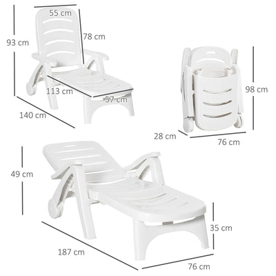 Outsunny Outdoor Folding Sun Lounger Recliner on Wheels w/ 5-Position Backrest, White 