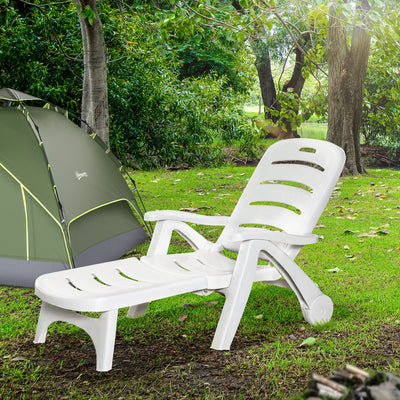 Outsunny Outdoor Folding Sun Lounger Recliner on Wheels w/ 5-Position Backrest, White 