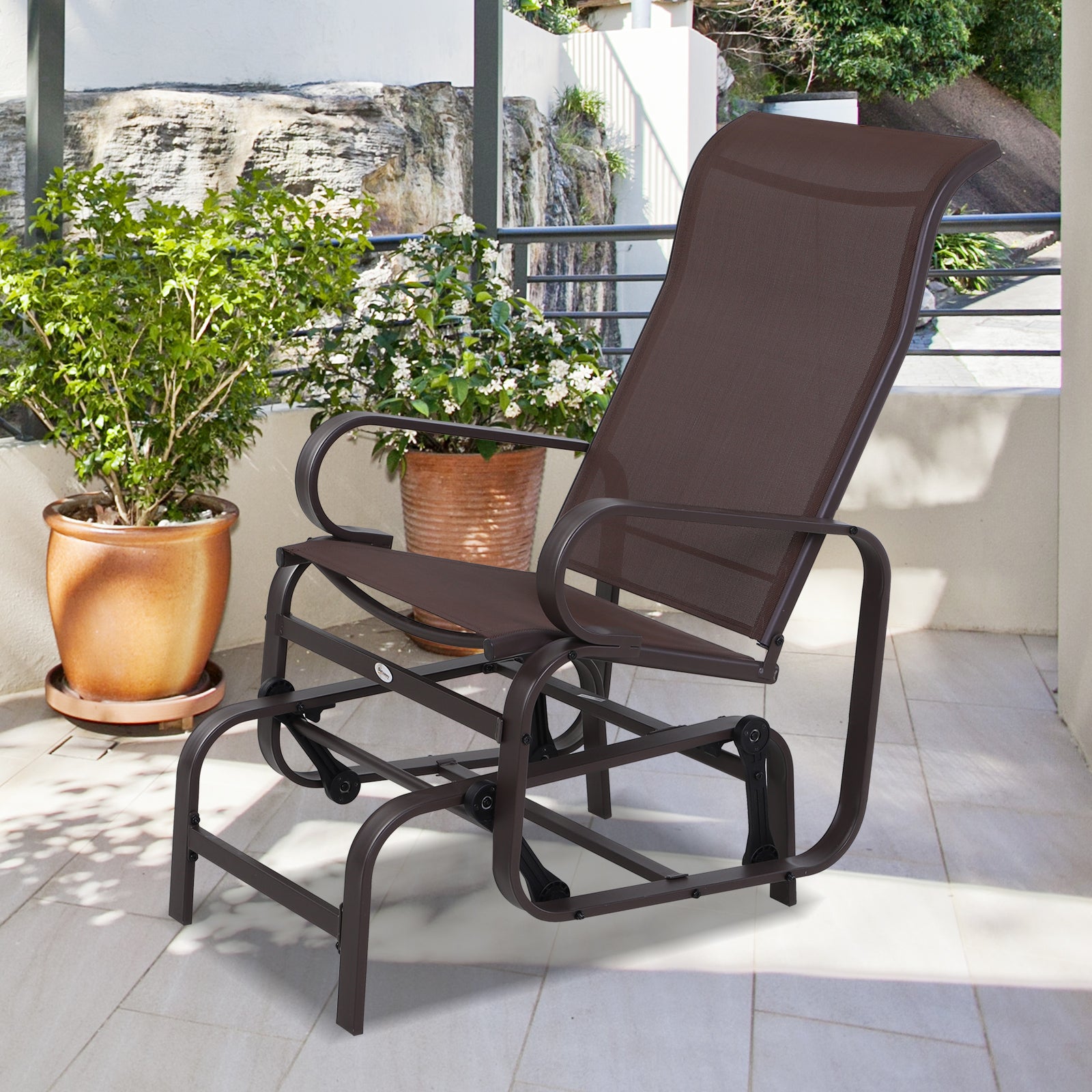 Outsunny Outdoor Gliding Rocking Chair with Sturdy Metal Frame Garden Comfortable Swing Chair, Brown 