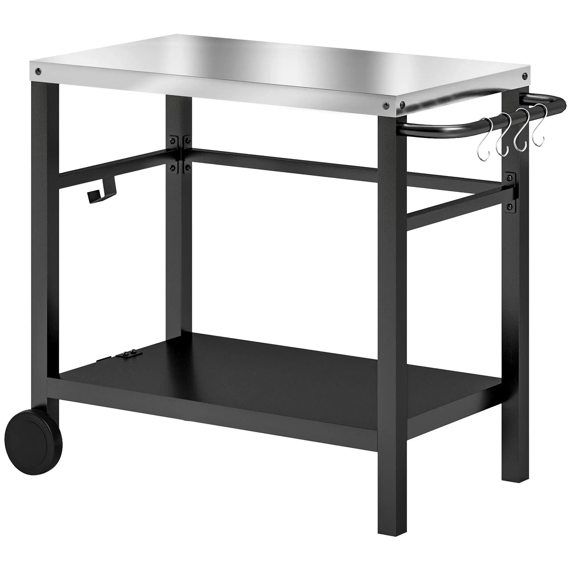 Outsunny Outdoor Grill Dining Cart 2-Shelf Movable Pizza Oven Table Stand with Stainless Steel Top, Portable BBQ Trolley Food Prep Outdoor Kitchen BBQ Station with Hooks Wheels Handle, Charcoal Grey 