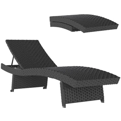 Outsunny Outdoor PE Rattan Sun Lounger, Folding Wicker Garden Lounger Recliner with 4-Level Adjustable Backrest, Rolling Sunbed Lounge Chair with Wheels, Non-Slip Legs for Balcony, Beach, Black 