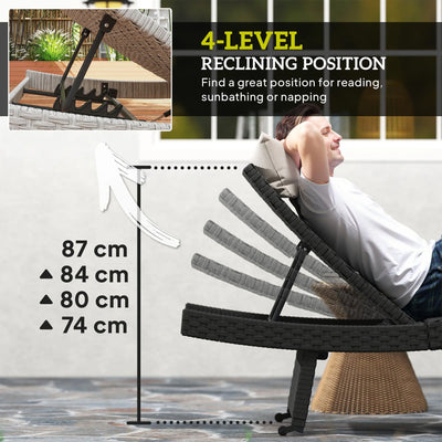 Outsunny Outdoor PE Rattan Sun Lounger, Folding Wicker Garden Lounger Recliner with 4-Level Adjustable Backrest, Rolling Sunbed Lounge Chair with Wheels, Non-Slip Legs for Balcony, Beach, Black 
