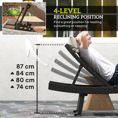 Outsunny Outdoor PE Rattan Sun Lounger, Folding Wicker Garden Lounger Recliner with 4-Level Adjustable Backrest, Rolling Sunbed Lounge Chair with Wheels, Non-Slip Legs for Balcony, Beach, Black 