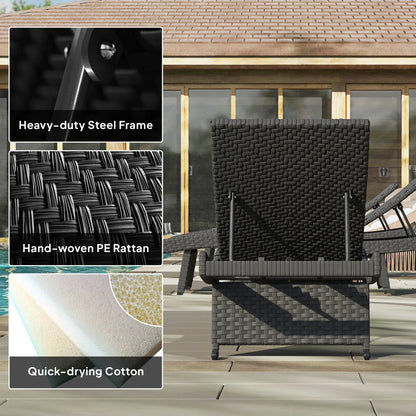 Outsunny Outdoor PE Rattan Sun Lounger, Folding Wicker Garden Lounger Recliner with 4-Level Adjustable Backrest, Rolling Sunbed Lounge Chair with Wheels, Non-Slip Legs for Balcony, Beach, Black 