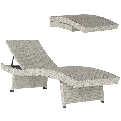 Outsunny Outdoor PE Rattan Sun Lounger, Folding Wicker Garden Lounger Recliner with 4-Level Adjustable Backrest, Rolling Sunbed Lounge Chair with Wheels, Non-Slip Legs for Balcony, Beach, Grey 
