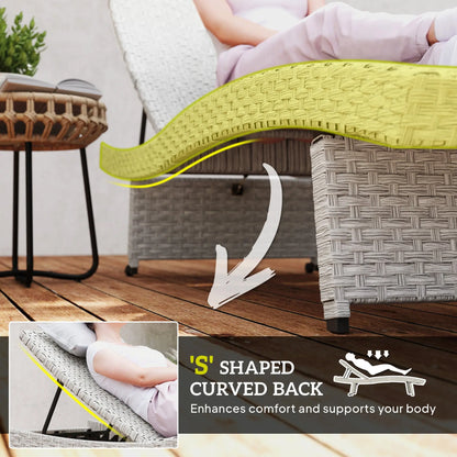 Outsunny Outdoor PE Rattan Sun Lounger, Folding Wicker Garden Lounger Recliner with 4-Level Adjustable Backrest, Rolling Sunbed Lounge Chair with Wheels, Non-Slip Legs for Balcony, Beach, Grey 