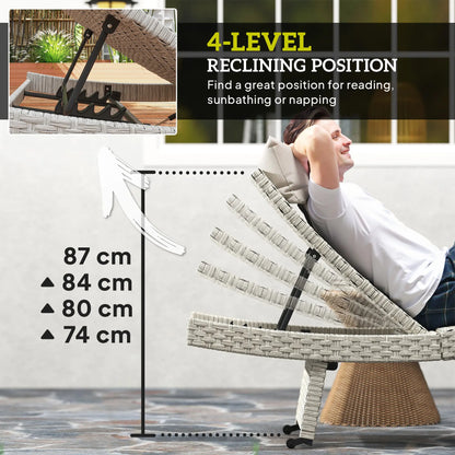 Outsunny Outdoor PE Rattan Sun Lounger, Folding Wicker Garden Lounger Recliner with 4-Level Adjustable Backrest, Rolling Sunbed Lounge Chair with Wheels, Non-Slip Legs for Balcony, Beach, Grey 