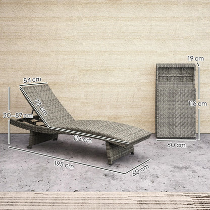 Outsunny Outdoor PE Rattan Sun Lounger, Folding Wicker Garden Lounger Recliner with 4-Level Adjustable Backrest, Rolling Sunbed Lounge Chair with Wheels, Non-Slip Legs for Balcony, Beach, Mixed-grey 