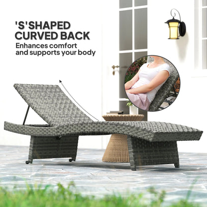 Outsunny Outdoor PE Rattan Sun Lounger, Folding Wicker Garden Lounger Recliner with 4-Level Adjustable Backrest, Rolling Sunbed Lounge Chair with Wheels, Non-Slip Legs for Balcony, Beach, Mixed-grey 