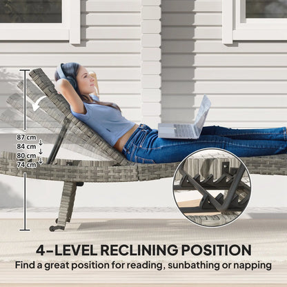 Outsunny Outdoor PE Rattan Sun Lounger, Folding Wicker Garden Lounger Recliner with 4-Level Adjustable Backrest, Rolling Sunbed Lounge Chair with Wheels, Non-Slip Legs for Balcony, Beach, Mixed-grey 