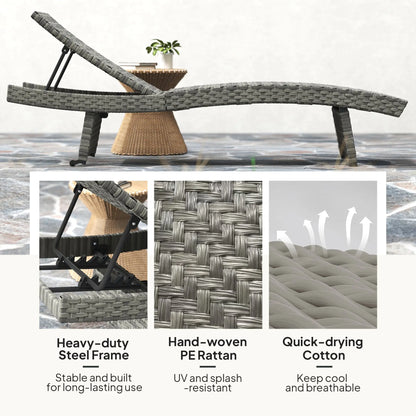 Outsunny Outdoor PE Rattan Sun Lounger, Folding Wicker Garden Lounger Recliner with 4-Level Adjustable Backrest, Rolling Sunbed Lounge Chair with Wheels, Non-Slip Legs for Balcony, Beach, Mixed-grey 