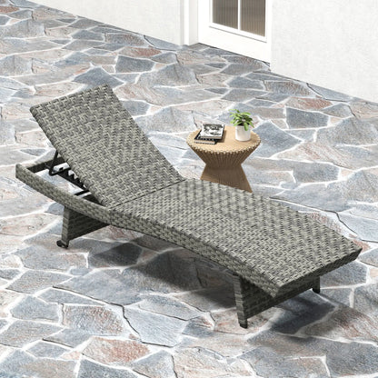Outsunny Outdoor PE Rattan Sun Lounger, Folding Wicker Garden Lounger Recliner with 4-Level Adjustable Backrest, Rolling Sunbed Lounge Chair with Wheels, Non-Slip Legs for Balcony, Beach, Mixed-grey 
